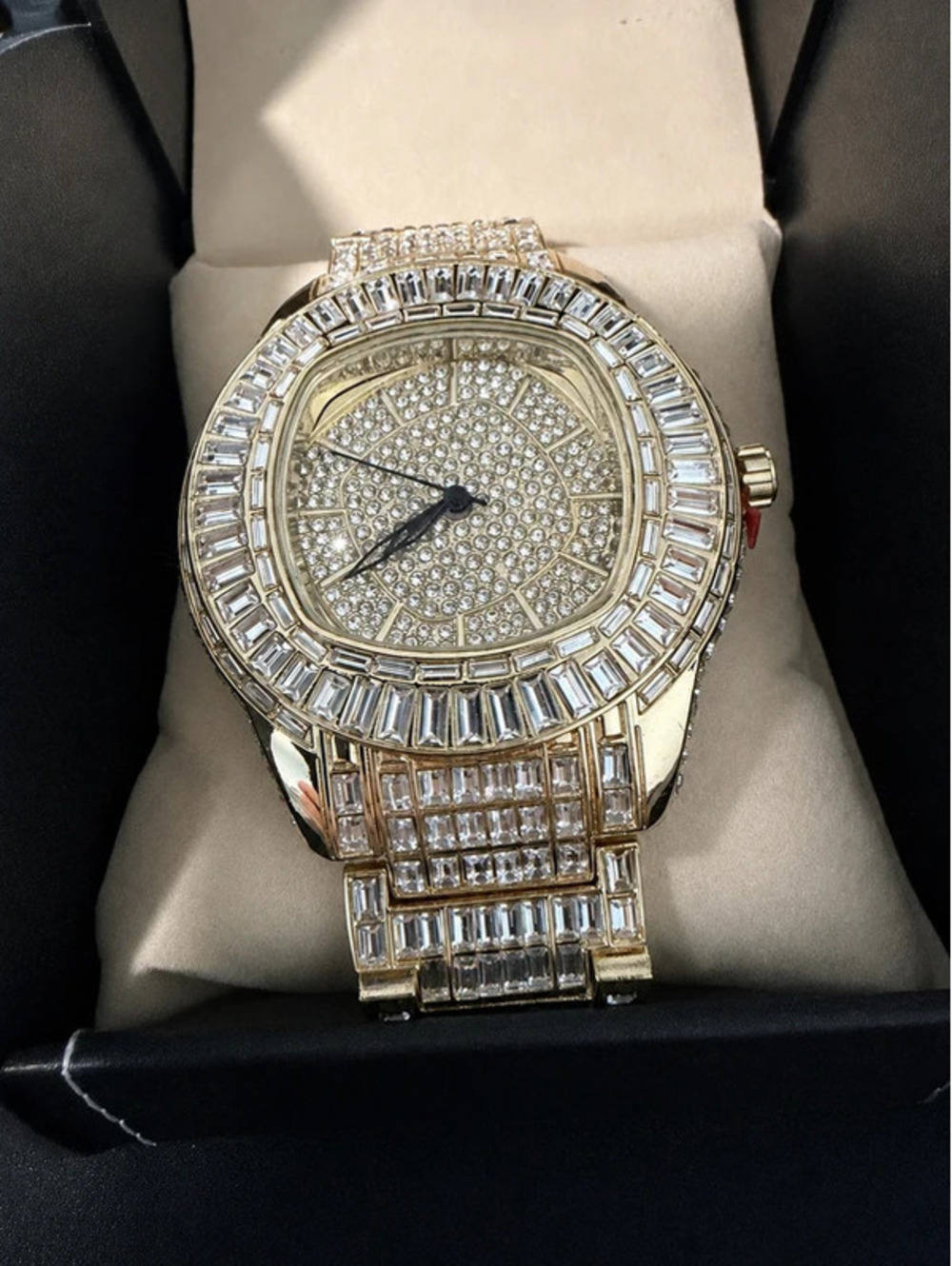 #638  43mm Gold-Tone Chandelier Timepiece – Iced-Out Statement Watch